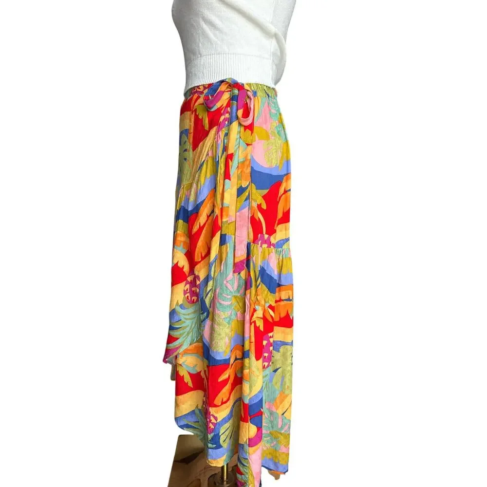 Christian Siriano Tropical Print Maxi Skirt Wrap Tie Colorful Boho Resort Medium